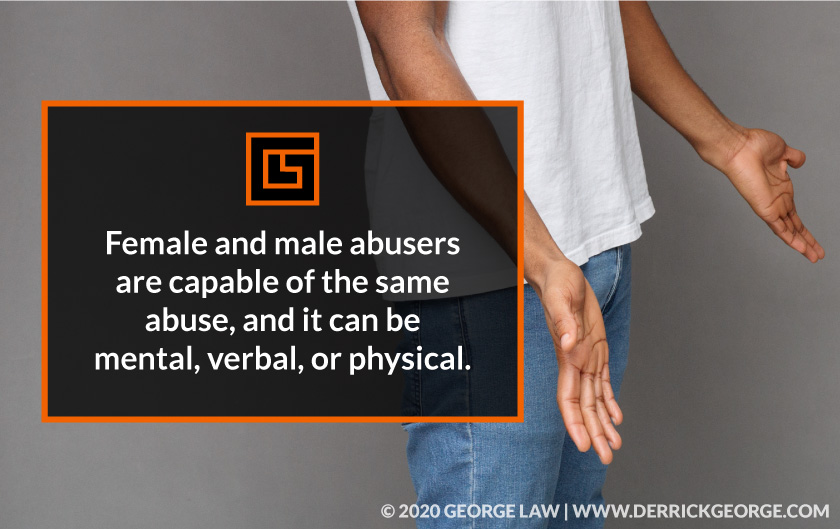 Male holding hands out to his side with text- Male and female abusers are capable of ...