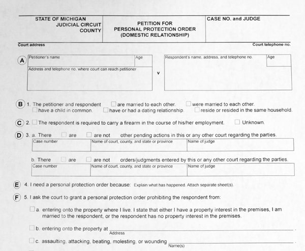 PDF example of a blank Michigan No Contact Order that’s titled Petition For Personal Protection Order. It has basic information to fill out such as name, address, etc.