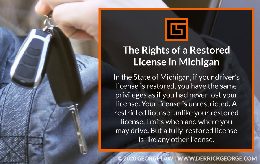Hand holding car keys with Text- The rights of a restored license in Michigan...