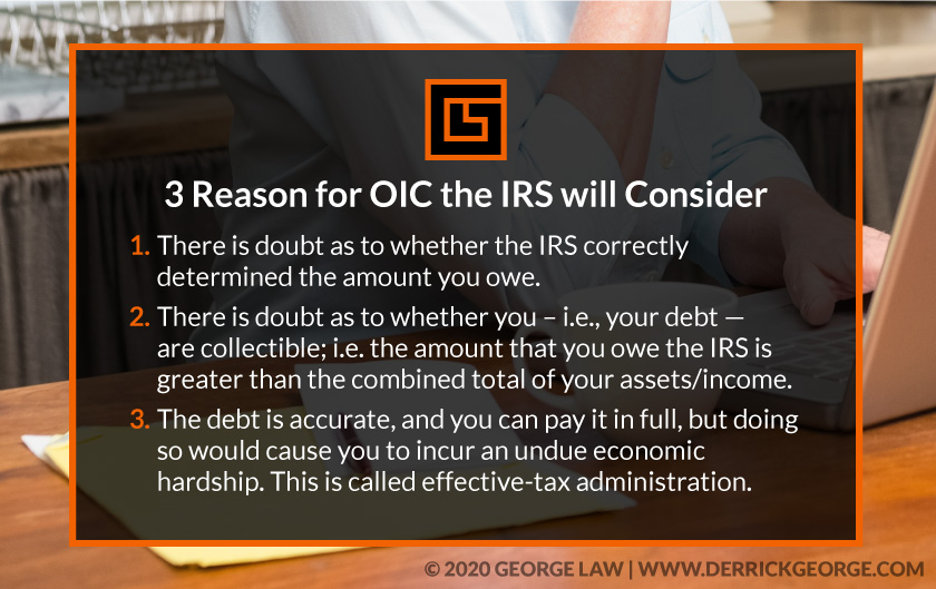 Callout 1 with desk in background with text 3 Reasons for OIC the IRS will Consider