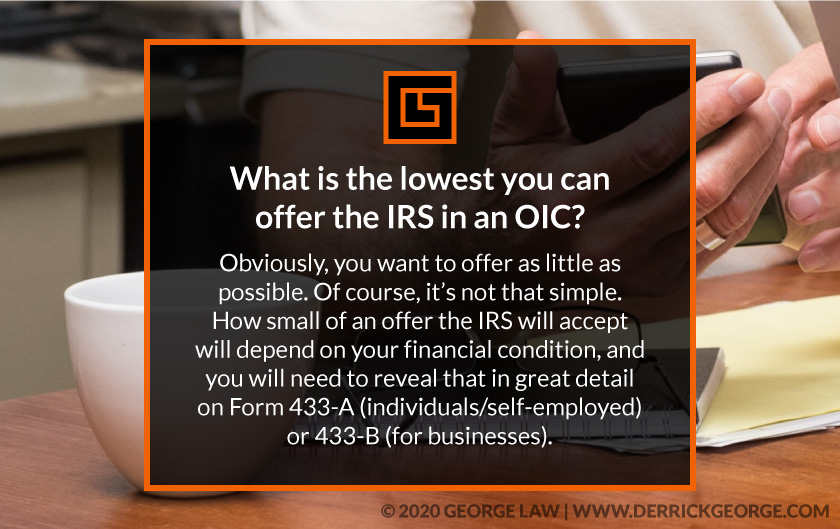 Callout 2 background image of hands on desk with text What is the lowest you can offer the IRS in an OIC?