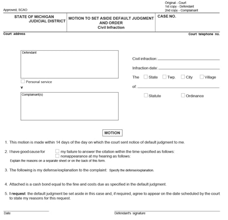 Blank Motion To Set Aside Judgement form from the 52 2 District Court in Clarkston with blank information for the competent to fill in such as name, state, etc.