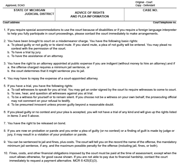 An advice of rights and plea information form from the 52 1 District Court in Novi with steps one through ten outlining the process