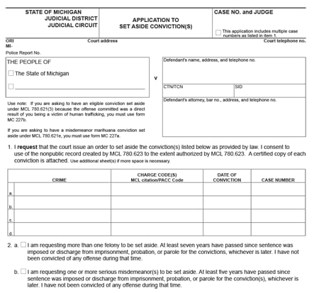 Blank PDF form of an Application to Set Aside Conviction from the 52 3 District Court in Rochester Hills. The form has basic information to fill out such as name, address, and more.