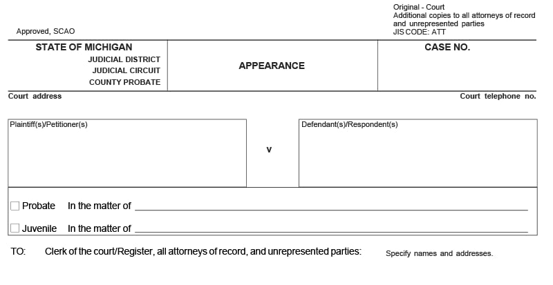 Blank PDF form of a Motion to Appear in Court from the 52 4 District Court in Troy. The form has basic information to fill out such as name, address, and whether or not it’s a juvenile.