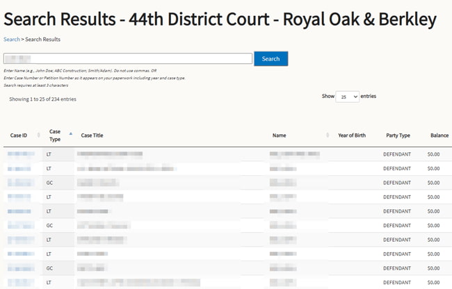 Search functionality on the State of Michigan Court’s website used to conduct a case search within the 44th District Court’s records.