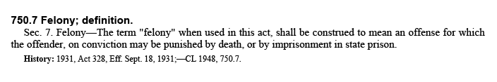 Definition of a felony offense taken from the Michigan Penal Code