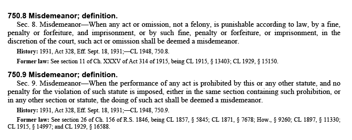 Definition of a misdemeanor crime taken from the Michigan Penal Code
