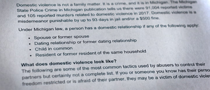 The Michigan State Police Domestic Violence Awareness sheet is shown on an angle, describing what type of relationships fall under a domestic relationship per Michigan law