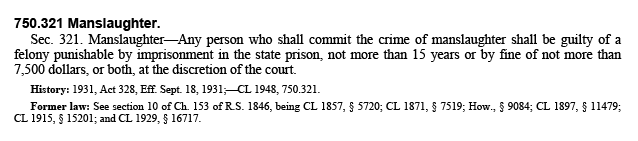 Definition of manslaughter taken from the Michigan Penal Code Section 750.321