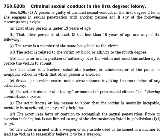 Michigan laws on criminal sexual conduct from the Public Acts 2002 describing what constitutes the varying degrees of this offense