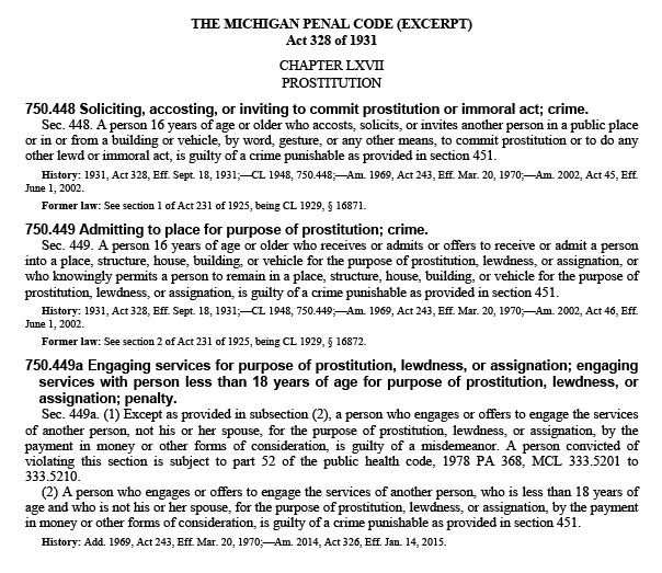 Michigan laws on soliciting prostitution from the Michigan Penal Code Act 238 of 1931 describing what constitutes the varying degrees of this offense
