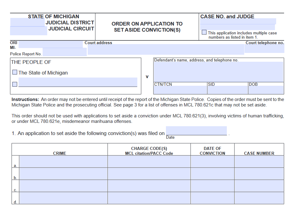 Example of a Michigan application to set aside conviction and expunge a criminal record. It’s a blank form with information to fill in such as name, crime, etc