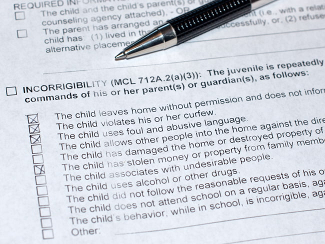 Michigan juvenile court forms for incorrigibility with a checklist to determine details of the offender