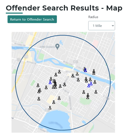 Map of Michigan showing convicted sex offenders within a specific area